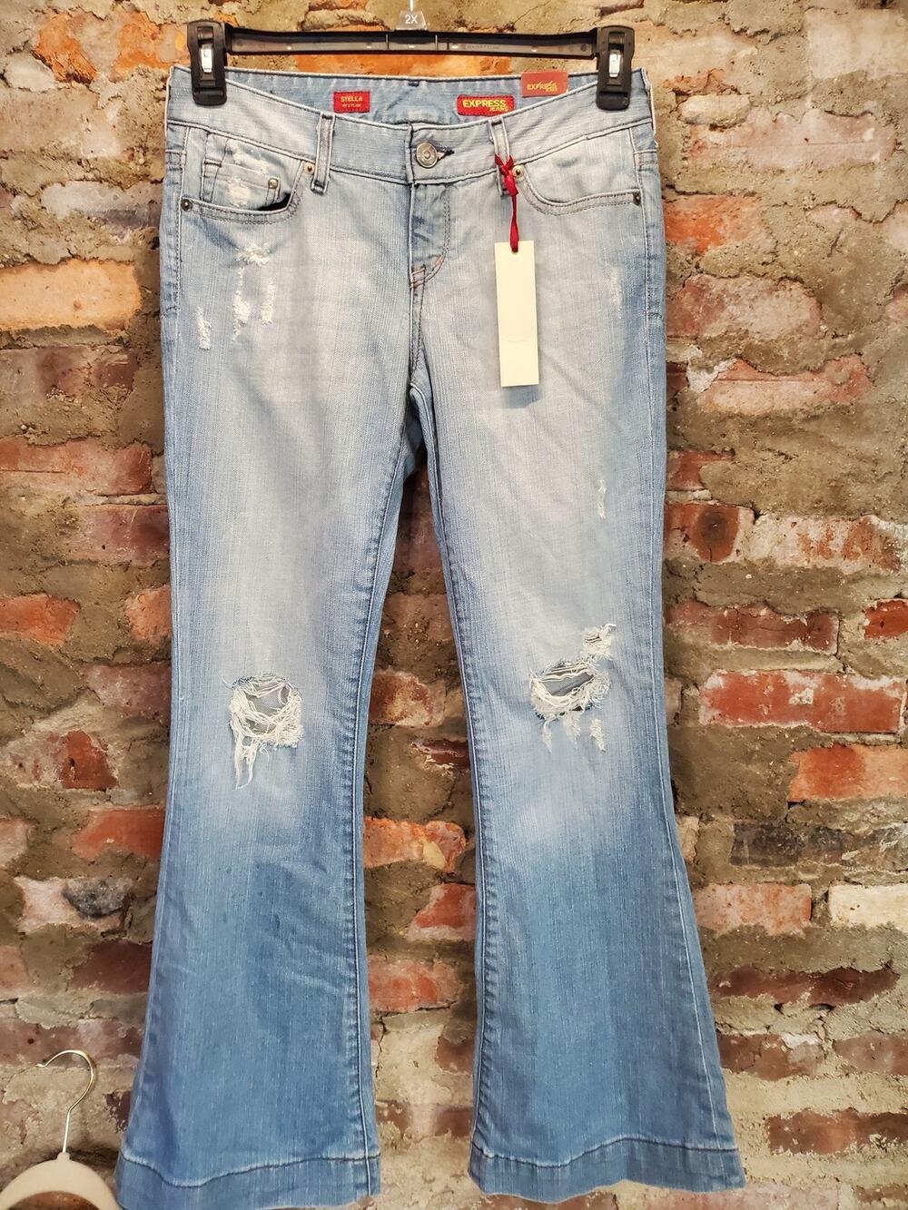 Express Womens Jeans Stella Flare Sz 2S Short Light Wash Blue Distressed Ripped